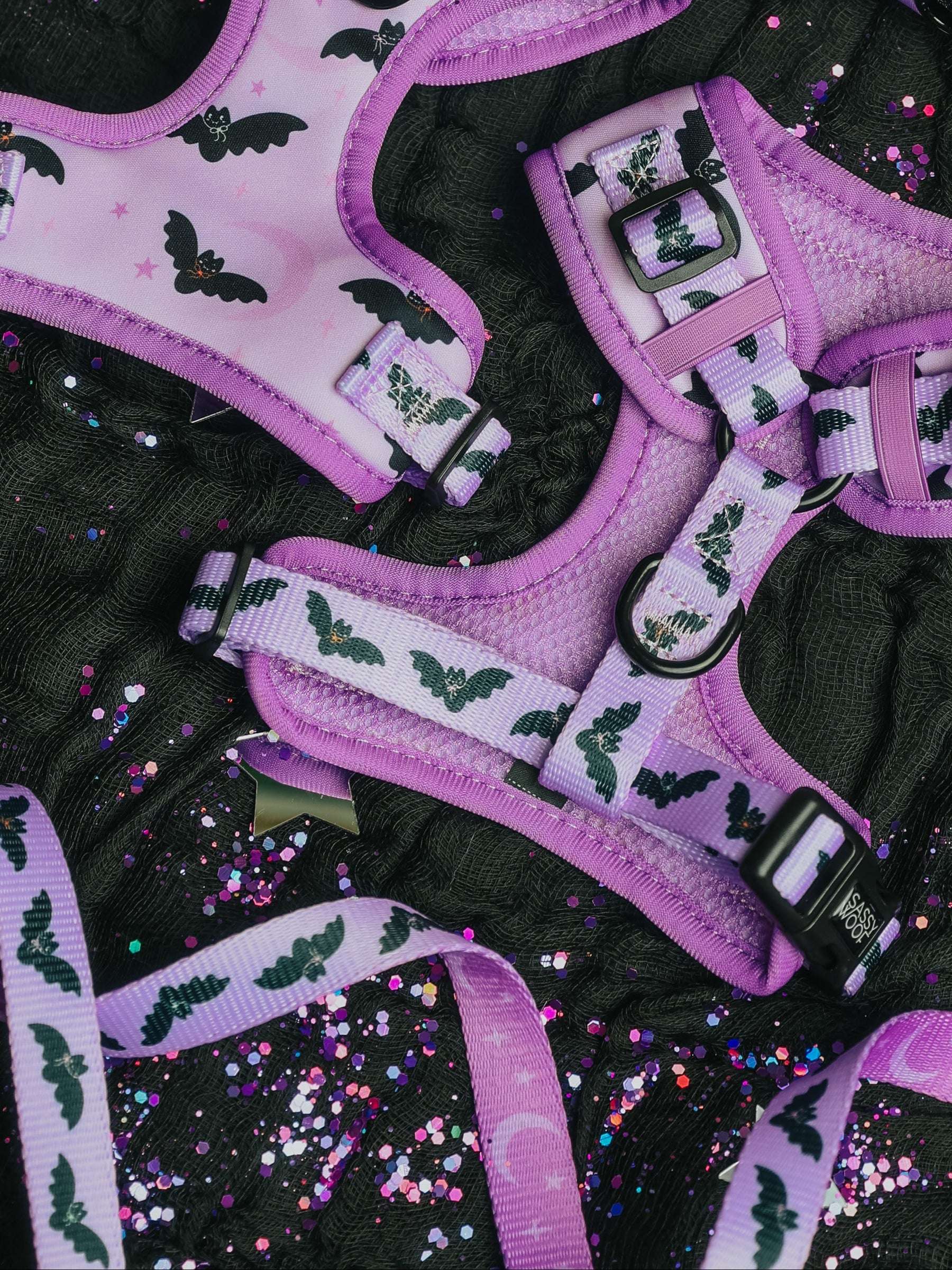 Sassy Woof’s Dog Two Piece Bundle - Lil Batty features adjustable purple harnesses and matching leashes adorned with playful bat patterns, displayed on a black glittery surface scattered with colorful sparkles—making it the perfect whimsical Fall set for spooky season strolls.