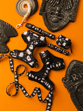 A flat lay of the Sassy Woof Dog Four Piece Bundle - Lil Boo Thing collection—featuring black Halloween dog harnesses, adjustable collars, leashes, and a waste bag holder adorned with white ghost designs—arranged on an orange background with Halloween-themed decor, including gravestone and pirate hat props.