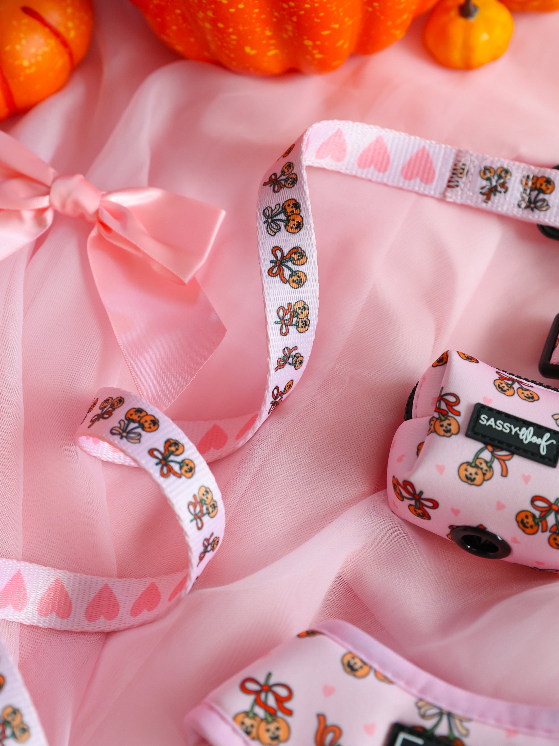 A pink fabric background with a satin bow, orange pumpkins, and the Sassy Woof Dog Leash - Sassy Lil Pumpkins, decorated with gingerbread and heart patterns from the Pumpkins Dog Collection. This leash features a soft neoprene handle for added comfort and pairs perfectly with an adjustable harness for your pup.