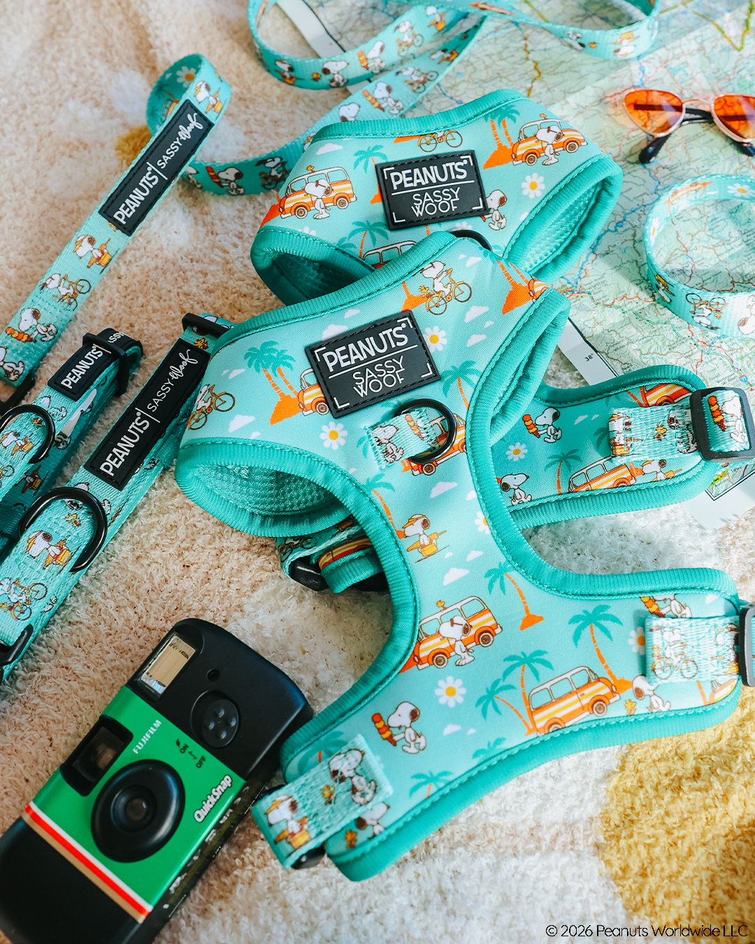 Sassy Woof's Dog Four Piece Bundle - Peanuts™ Road Trippin' is displayed with a map, towel, green disposable camera, and sunglasses—fun adventure gear for pups on the Puppy Growth Pawtection Plan.