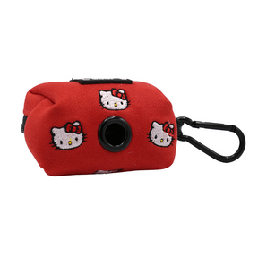 Red rectangular embroidered Hello Kitty® Chic dog waste bag dispenser featuring a black carabiner clip.