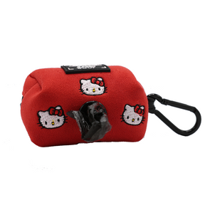 Red rectangular Hello Kitty® Chic dog waste bag holder featuring embroidered character faces and a black carabiner.