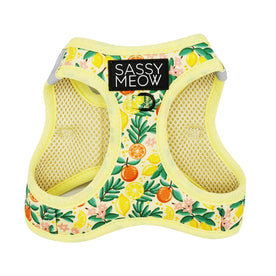 The Sassy Woof Cat Step-In Harness - Zest Friends features a yellow neoprene design with mesh lining, a colorful fruit and leaf pattern, an AirTag pocket, metal leash ring, and black Sassy Meow label on the front.