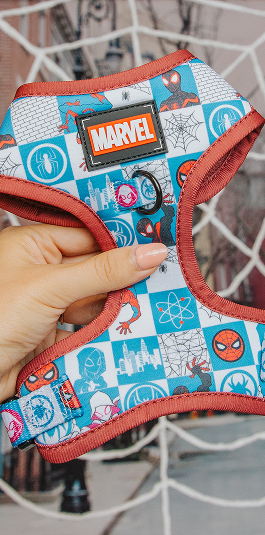 Marvel-themed dog harness held by a hand with a blurred background