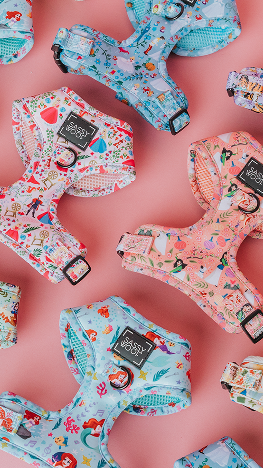 an assortment of bright colored harnesses