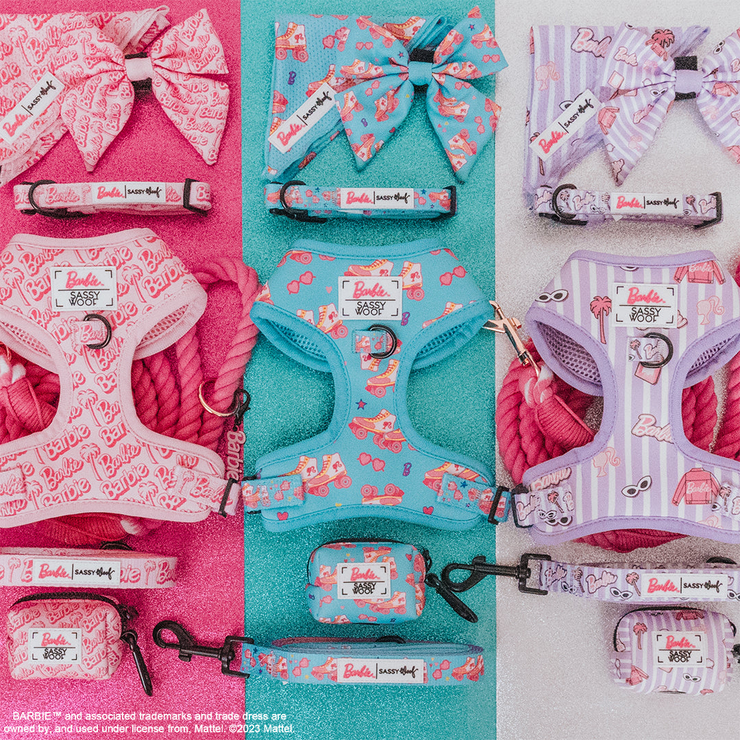 Collage of Barbie-themed pet accessories including harnesses, collars, and bags on a pink background.