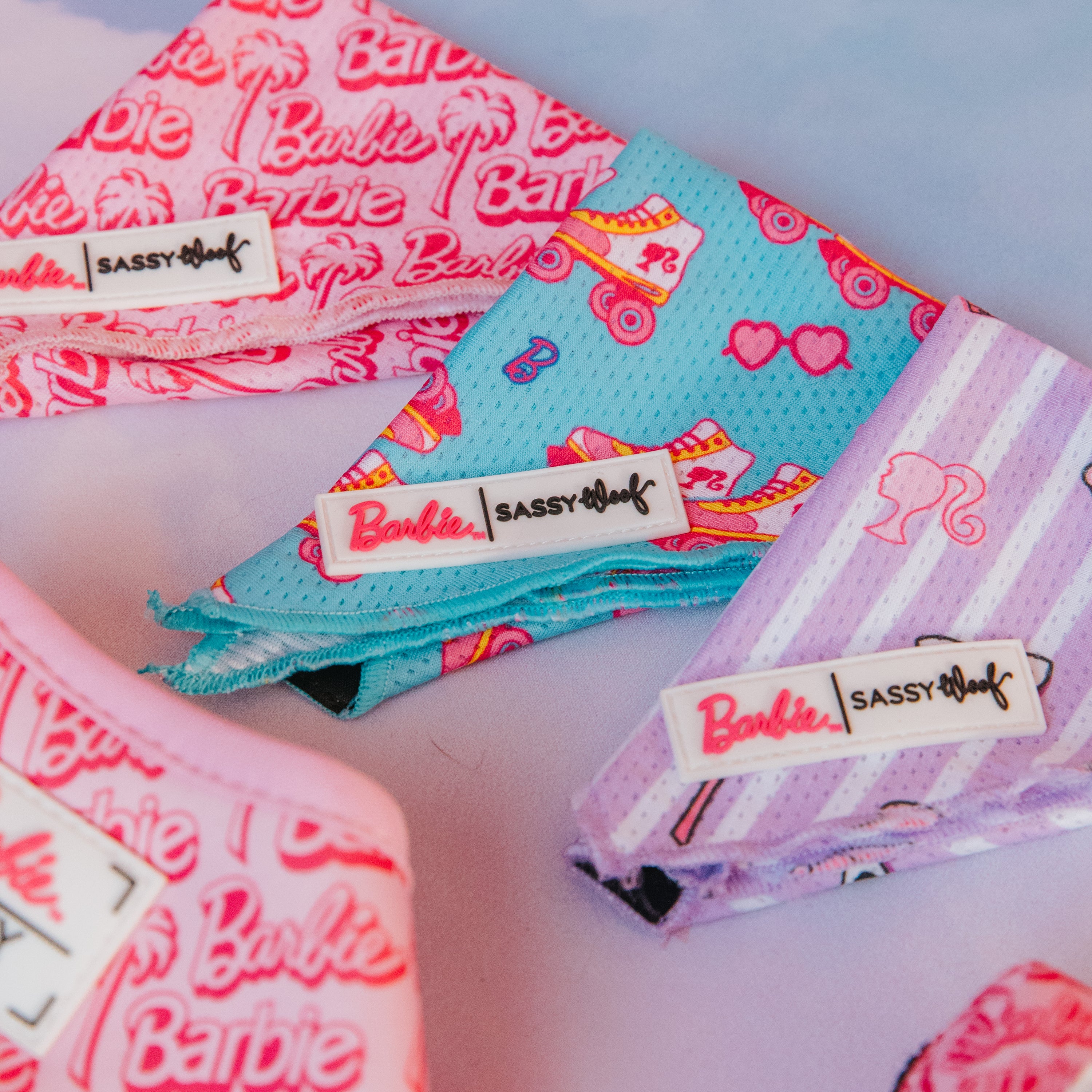 Barbie-themed fabric swatches with 'Sassy' branding on a white background