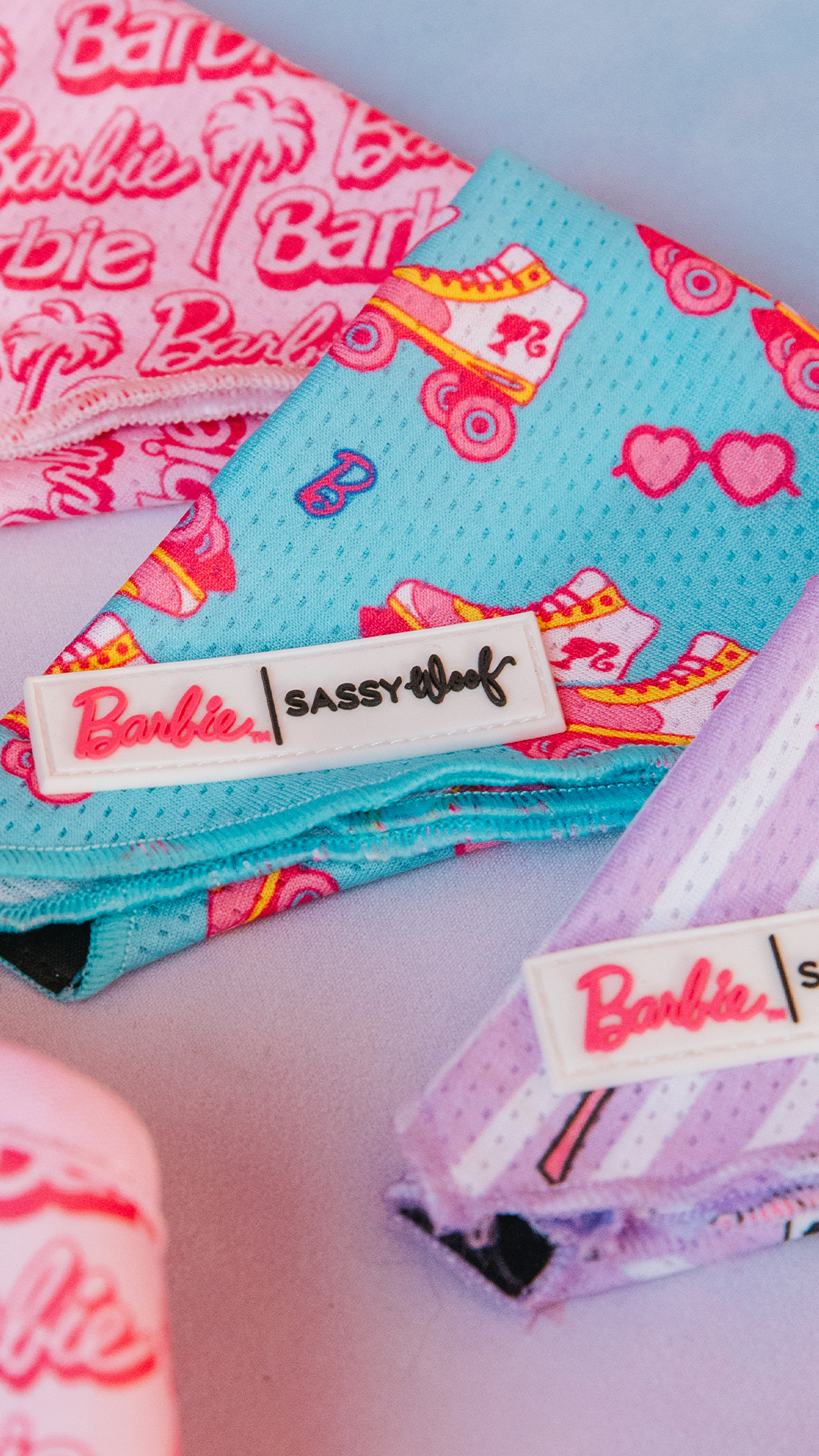 Colorful fabric swatches with Barbie branding on a white background
