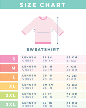 The Sassy Woof Sweatshirt Dog Person Jingle Barks size chart (S-3XL) shows chest and length (in/cm) with an illustration for measuring. Find your perfect classic fit, pre-shrunk sweater and enjoy cozy warmth all season.
