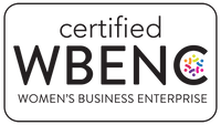 Logo for WBENC certification. Text reads certified WBENC Womens Business Enterprise with the C in WBENC formed by multicolored abstract figures in a circular pattern. The logo is outlined with a black border.