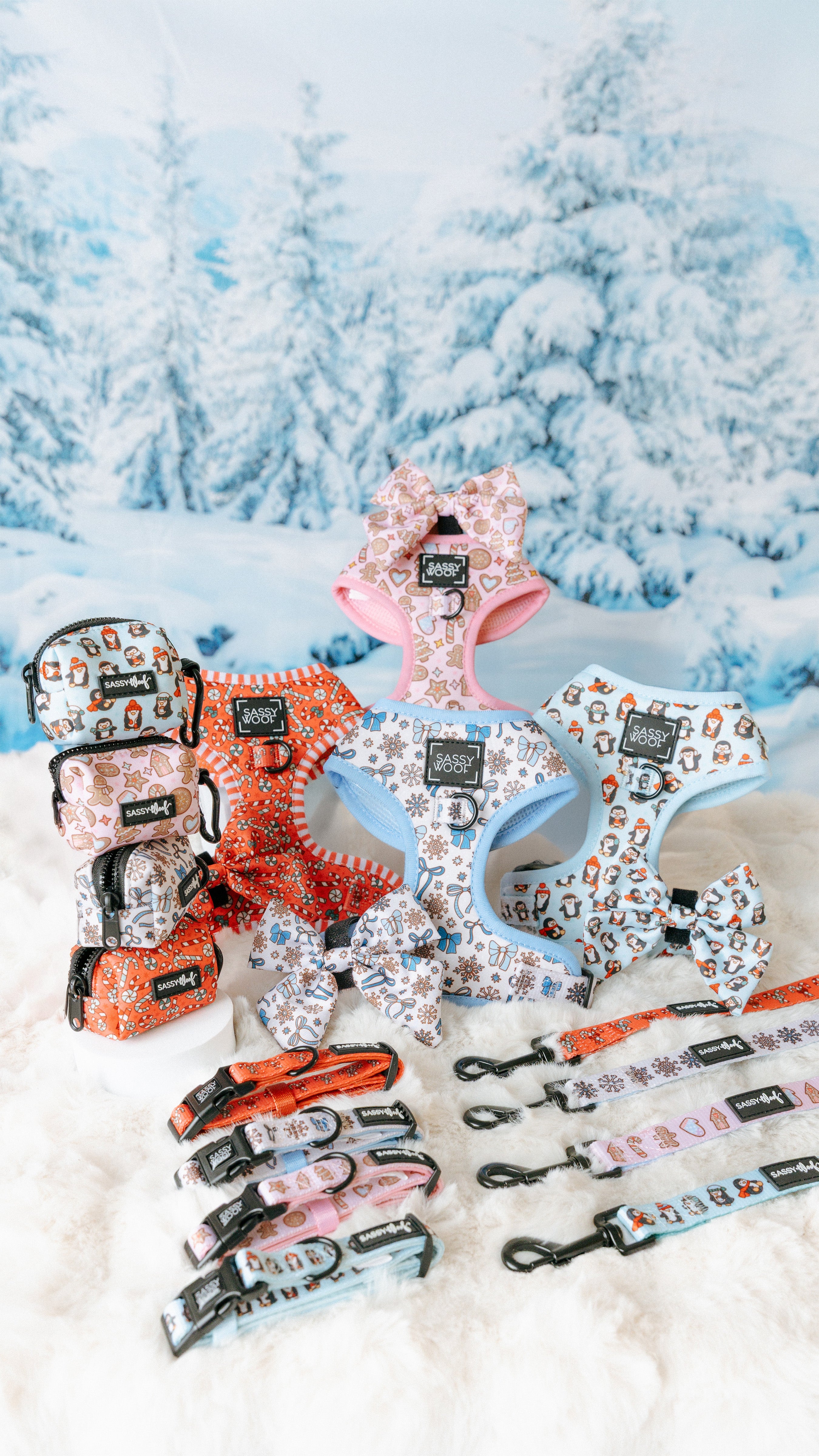 Collection of dog collars and leashes with decorative patterns on a snowy background