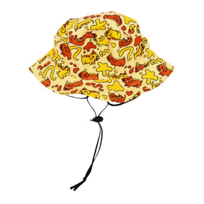 The Sassy Woof Dog Bucket Hat - Hot Dawg features a beige dachshund design with abstract red and yellow patterns, black outlines, adjustable black chin straps, and is part of our playful weenie-inspired collection.