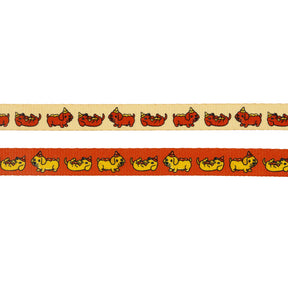 The Sassy Woof "Dog Leash - Hot Dawg" features a repeating dachshund pattern in beige, red, orange, and yellow—perfect for crafting custom leashes or adjustable harnesses for your pup. Part of our weenie-inspired collection!.