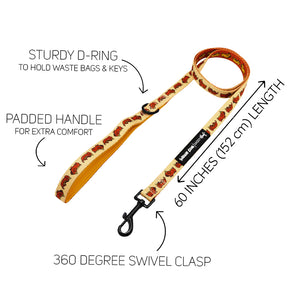 The Sassy Woof Dog Four Piece Bundle - Hot Dawg includes a yellow dog leash with a fun dog print, padded handle, sturdy D-ring for waste bags and keys, 360° swivel clasp, and measures 60 inches (152 cm) long.
