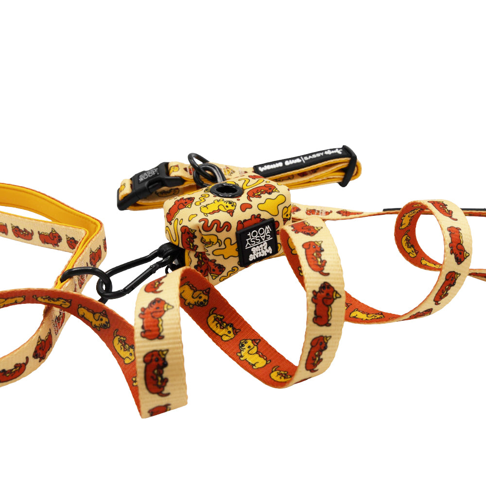 The Sassy Woof Dog Three Piece Bundle - Hot Dawg features a yellow and orange leash with cartoon dog prints and a black plastic clasp, coiled on a white background—ideal for matching with your favorite dachshund collar.