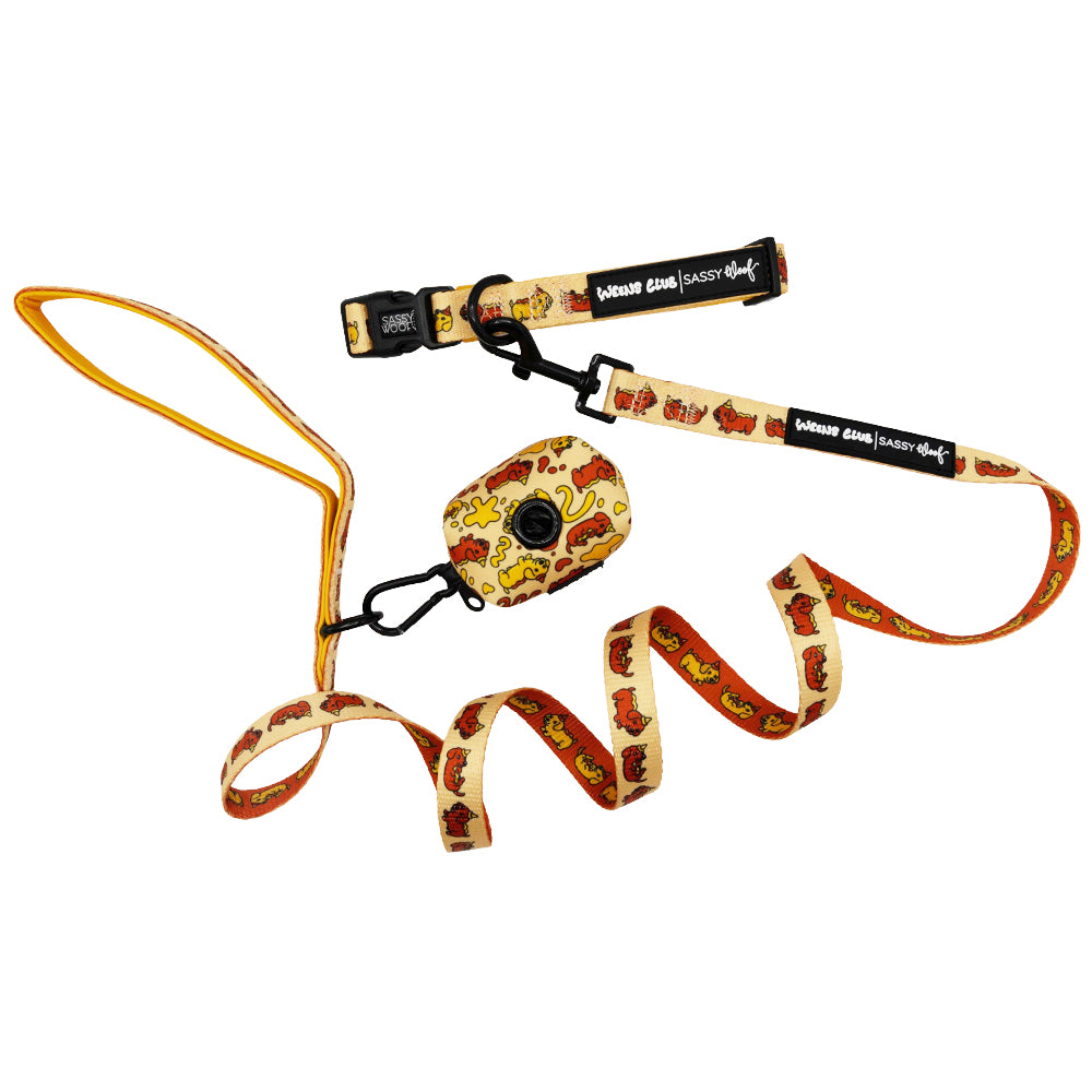 The Sassy Woof Dog Three Piece Bundle - Hot Dawg features a beige leash, collar, and matching waste bag holder with playful cartoon dog graphics—a fun accessory set on a crisp white background.