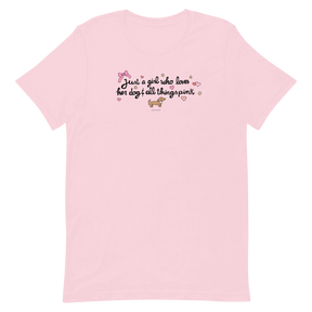 The Sassy Woof Just A Girl Tee is a light pink girl’s t-shirt featuring “Just a girl who loves her dog & all things pink” in playful font, with a cartoon dog, stars, hearts, and bow—printed using eco-friendly ink.