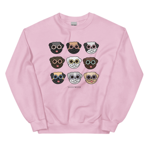 The Sassy Woof Sweatshirt - Pugs is a comfy unisex light pink crewneck featuring nine cartoon pug faces in colorful sunglasses, arranged in a 3x3 grid, with "SASSY WOOF" printed under the design.