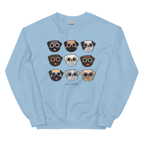 The Sassy Woof Sweatshirt - Pugs is a light blue unisex crewneck featuring a 3x3 grid of cartoon pugs in colorful sunglasses, with "SASSYWOOF" printed below the playful design.