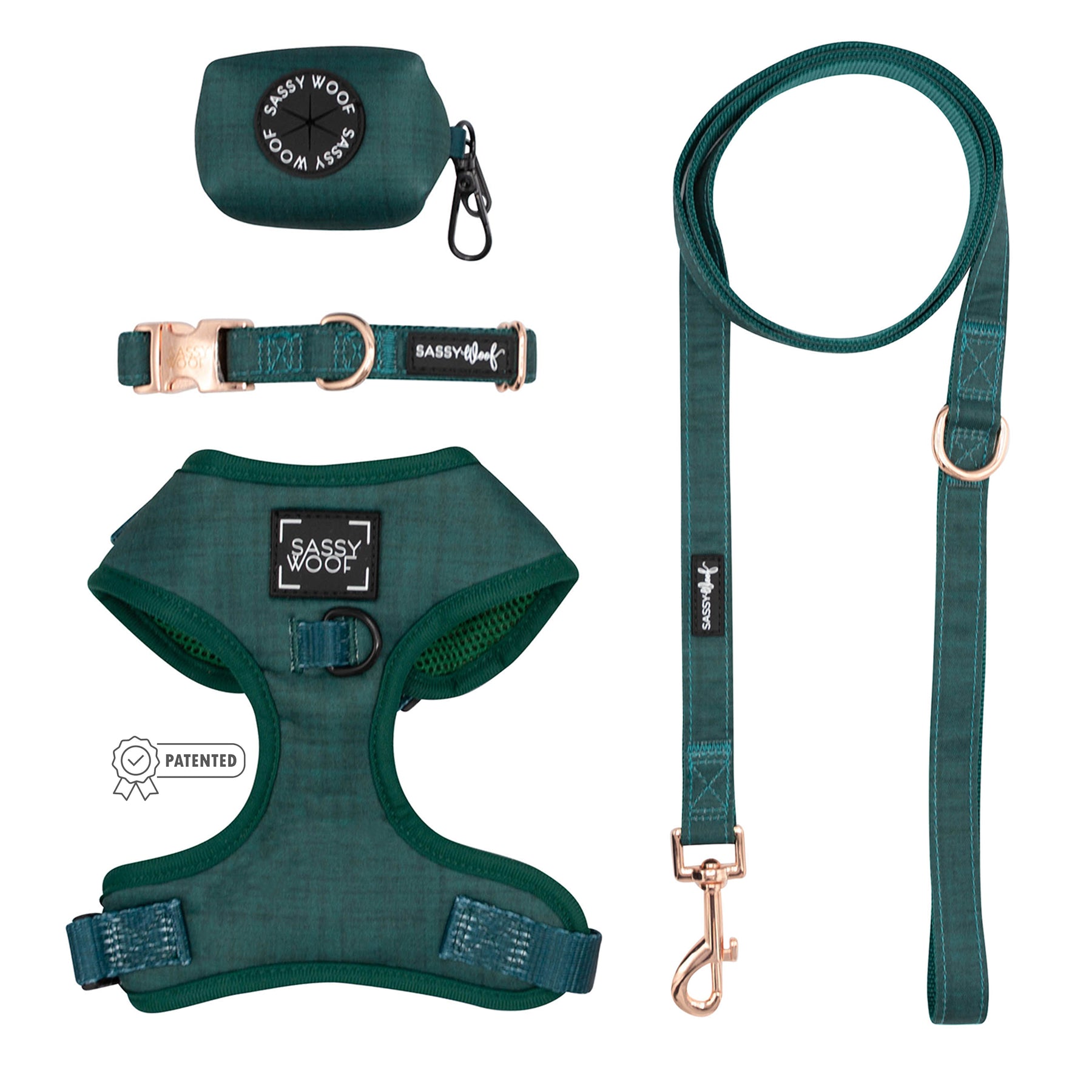 Sassy Woof Dog Four Piece Bundle - Forest in green, featuring an adjustable harness, collar, leash, and waste bag holder with rose gold hardware.