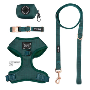 Sassy Woof Dog Four Piece Bundle - Forest in green, featuring an adjustable harness, collar, leash, and waste bag holder with rose gold hardware.