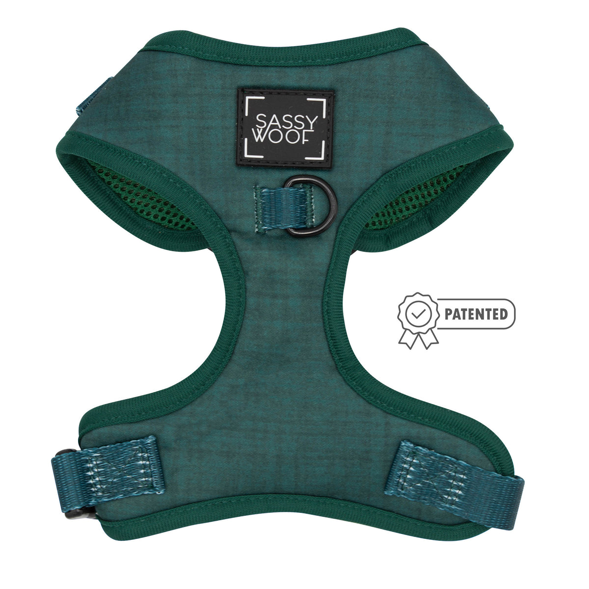 Dark green adjustable Dog Four Piece Bundle - Forest dog harness featuring a breathable mesh interior, a black D-ring, and a patented seal icon.