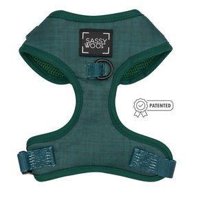 Dark green adjustable Dog Four Piece Bundle - Forest dog harness featuring a breathable mesh interior, a black D-ring, and a patented seal icon.