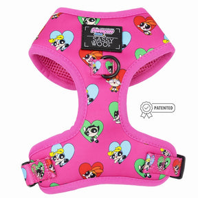 The Sassy Woof Dog Two Piece Bundle – The Powerpuff Girls™ (Love) features a pink harness with colorful graphics, sturdy black buckle, metal leash ring, adjustable fit, and patented ribbon icon.
