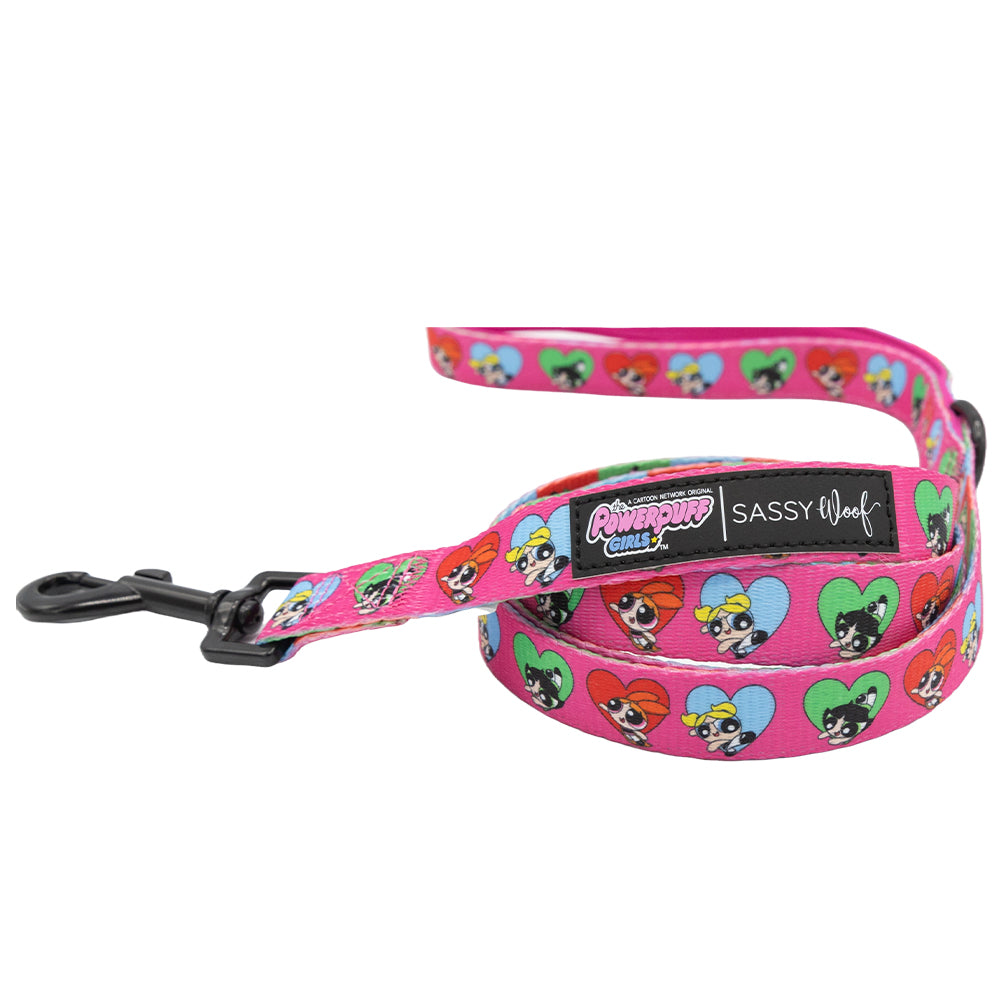 The Sassy Woof Dog Two Piece Bundle - The Powerpuff Girls™ (Love) features heart-shaped Powerpuff Girls designs, a black metal clasp, and matching adjustable harness for a secure, stylish walk.