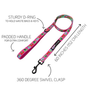 The Sassy Woof Dog Two Piece Bundle - The Powerpuff Girls™ (Love) includes a pink leash with cartoon designs, padded handle, sturdy D-ring for bags or keys, 360° swivel clasp, and is 60 inches (152 cm) long—perfect with an adjustable harness.