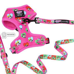 The Sassy Woof Dog Two Piece Bundle - The Powerpuff Girls™ (Love) features a pink harness and leash set with cartoon hearts, black clasp, metal rings, patented badge, and Sassy Woof branding—perfect for any fan's pup!.