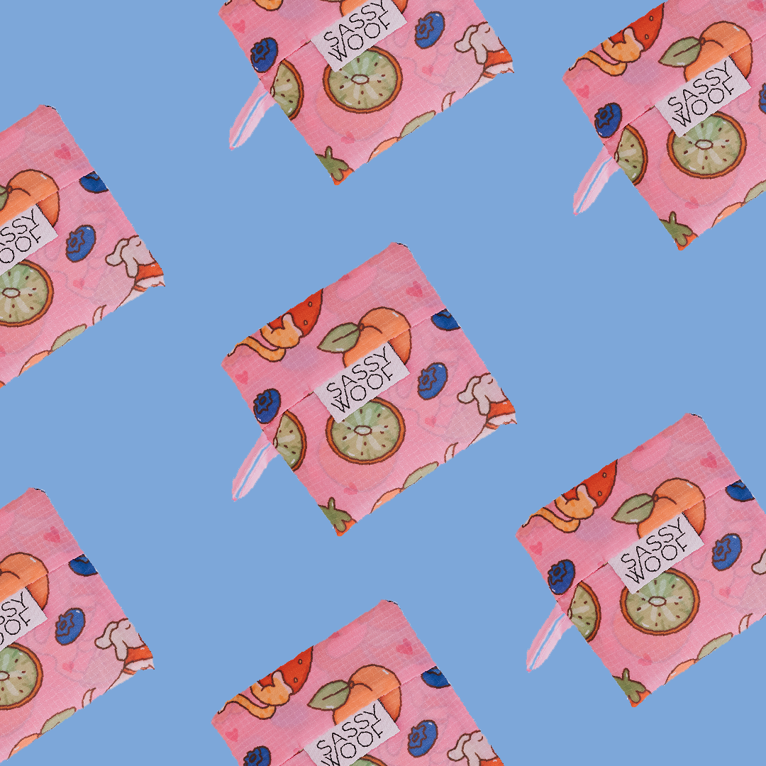 Sassy Woof Fruity Reusable Bags with orange, kiwi, strawberry, and blueberry prints are arranged in a repeating pattern on a solid light blue background.