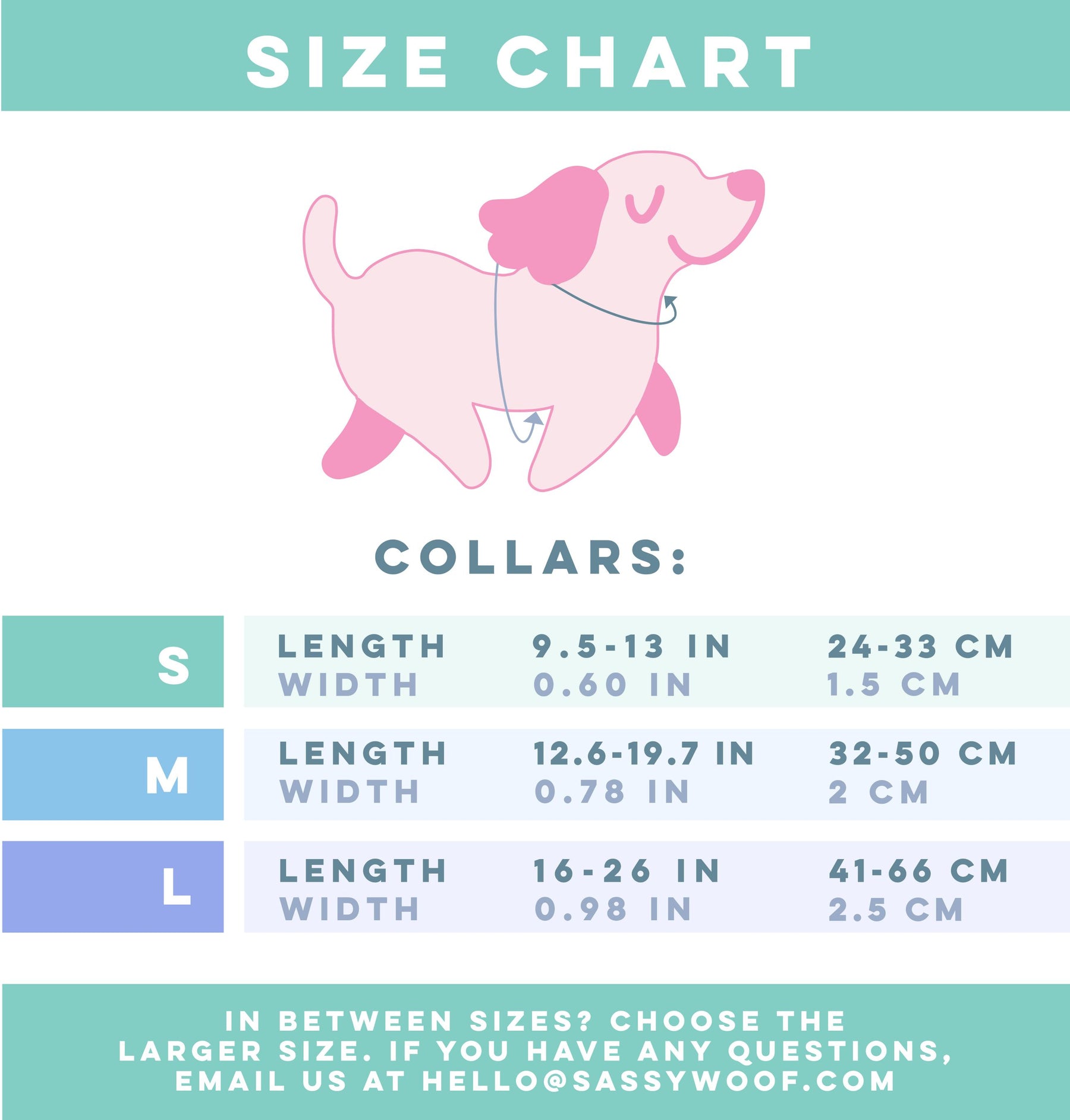 Size chart for the Sassy Woof “Dog Collar - Lil Boo Thing,” available in three sizes (S, M, L), with measurements in both inches and centimeters for length and width. Above the chart, an illustration features a pink dog sporting this adjustable collar—ideal for anyone looking for festive Halloween dog collars or ghost-themed accessories. Contact information is provided below.