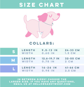 Size chart for the Sassy Woof “Dog Collar - Lil Boo Thing,” available in three sizes (S, M, L), with measurements in both inches and centimeters for length and width. Above the chart, an illustration features a pink dog sporting this adjustable collar—ideal for anyone looking for festive Halloween dog collars or ghost-themed accessories. Contact information is provided below.