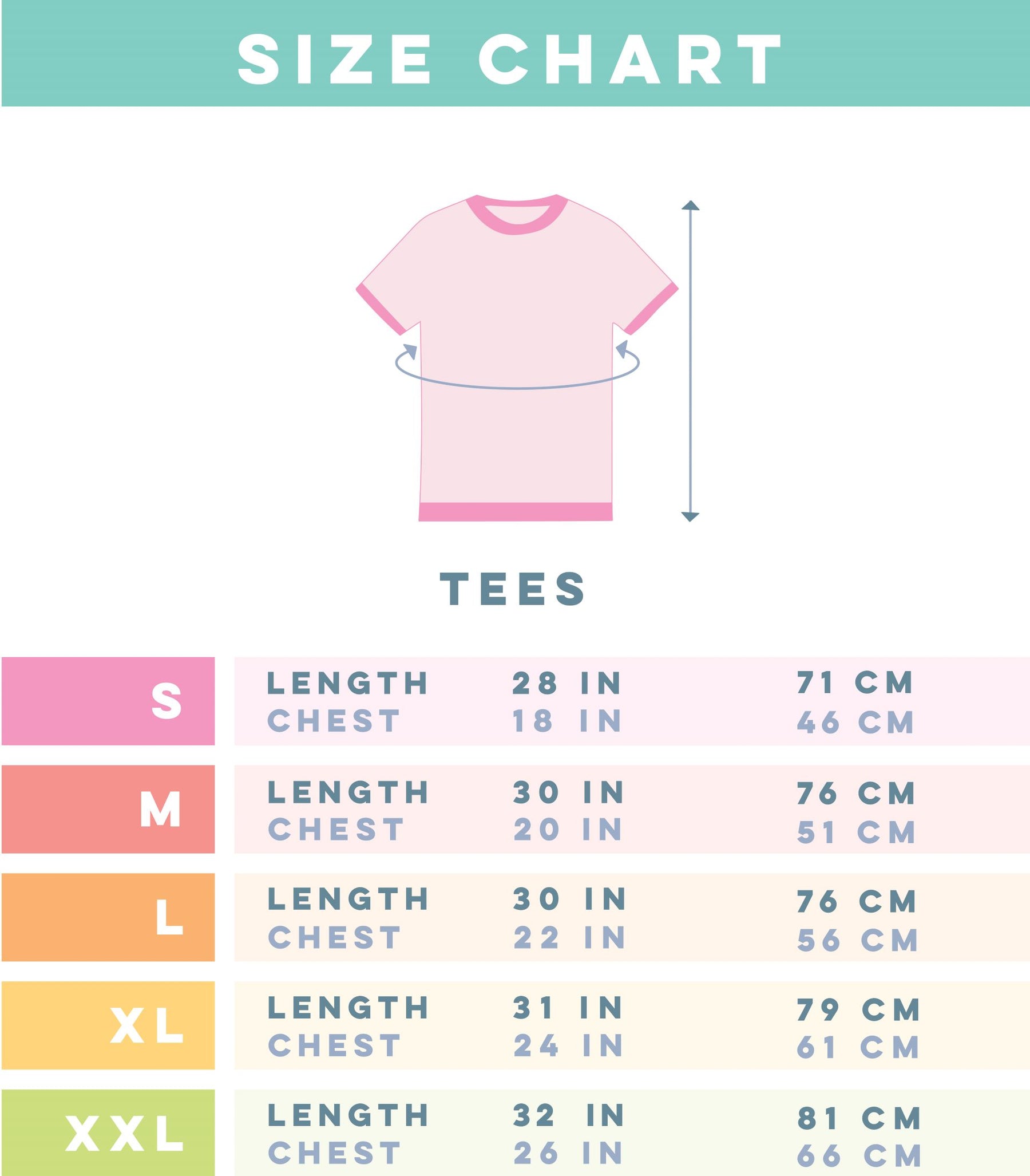 Size chart for our Sassy Woof Doxie Mom 100% cotton t-shirt, with length and chest measurements (inches/cm) for each size, plus an illustration of this lightweight tee.