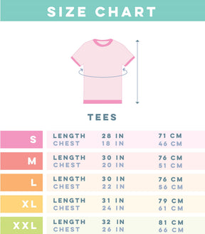 Size chart for our Sassy Woof Doxie Mom 100% cotton t-shirt, with length and chest measurements (inches/cm) for each size, plus an illustration of this lightweight tee.