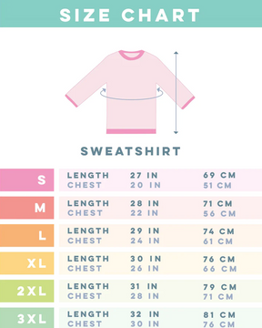 Size chart for Sassy Woof's "Just A Girl" sweatshirt, classic fit, pre-shrunk. Chest & length in inches/cm from S-3XL. Includes a measurement guide graphic and color-coded rows per size.