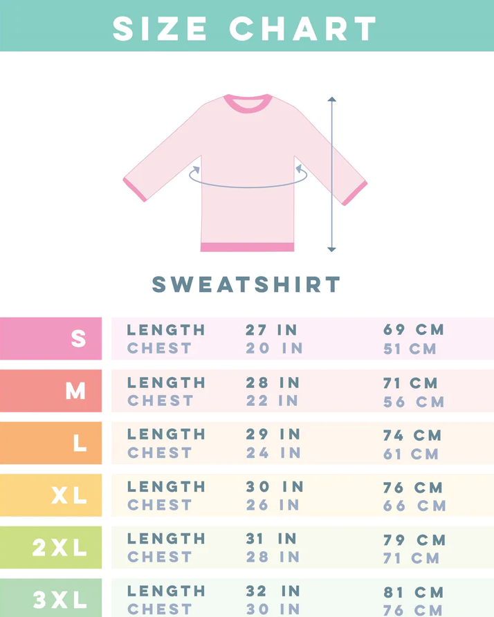 Size chart for Sassy Woof's "Just A Girl" sweatshirt, classic fit, pre-shrunk. Chest & length in inches/cm from S-3XL. Includes a measurement guide graphic and color-coded rows per size.