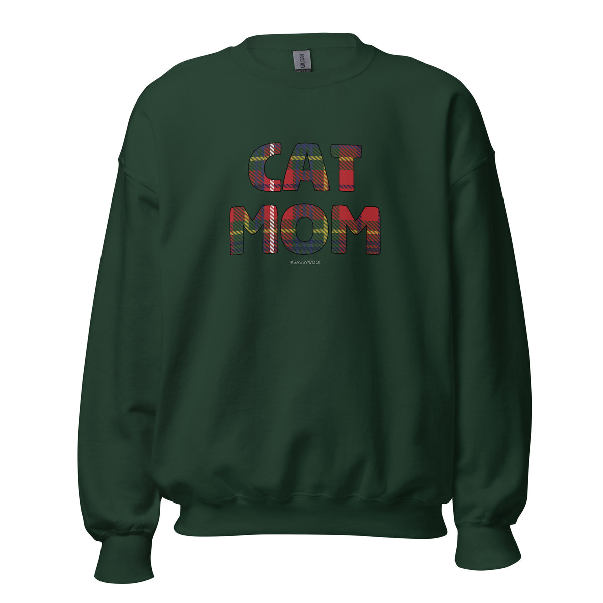 The Sassy Woof Sweatshirt Cat Mom Deck The Paws is a dark green, cozy sweatshirt with bold, colorful patterned "CAT MOM" lettering on the front.