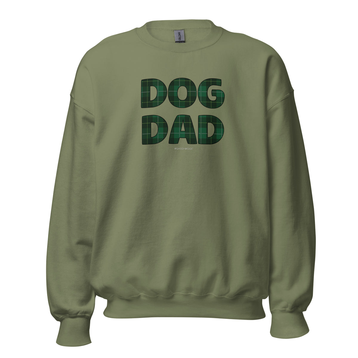 The Sassy Woof Sweatshirt Dog Dad Barks of Holly is a classic fit green sweatshirt with stylish lettering, offering a cozy, warm feel.