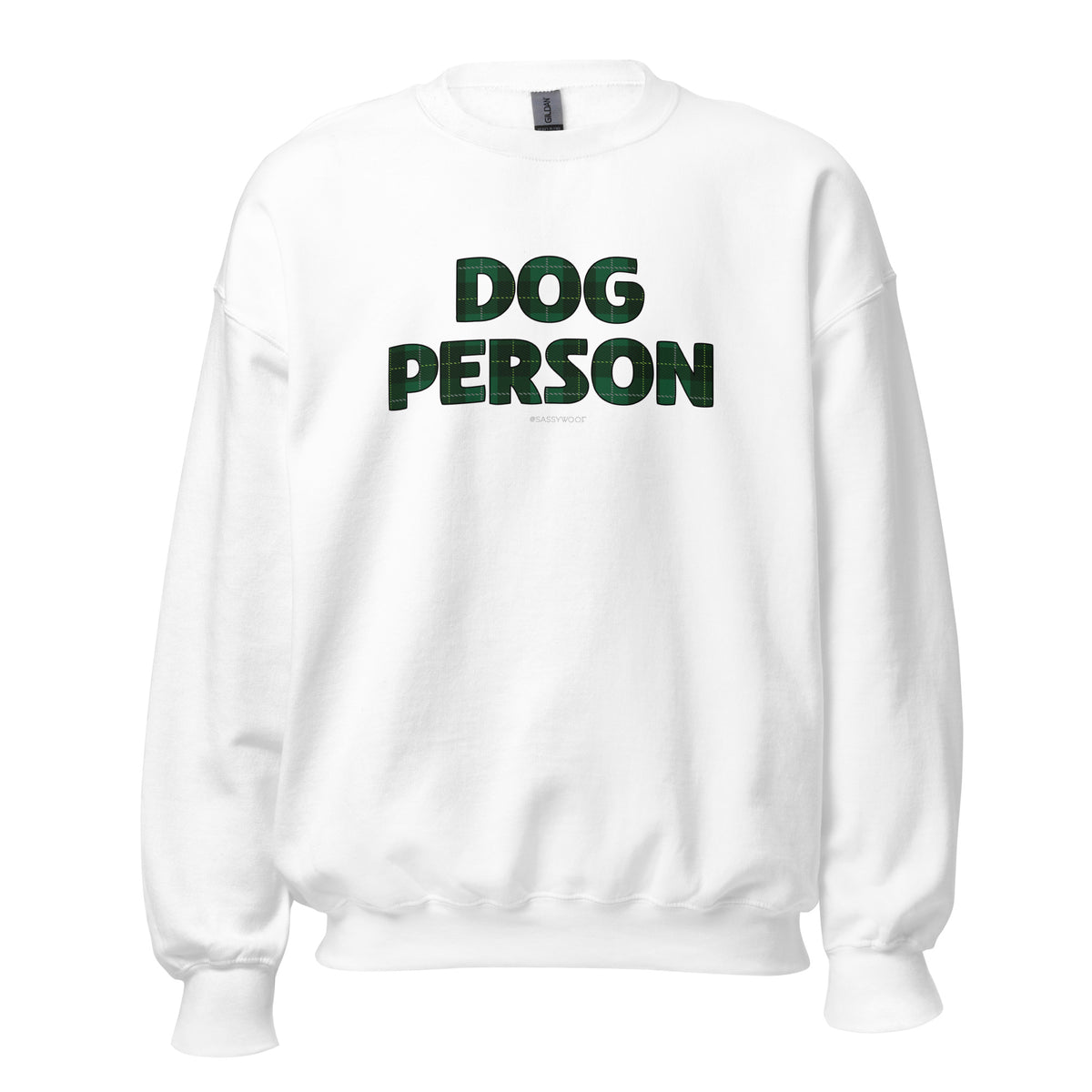 The Sassy Woof Sweatshirt Dog Person Barks Of Holly is a classic-fit white sweatshirt with "DOG PERSON" printed in dark green across the chest.