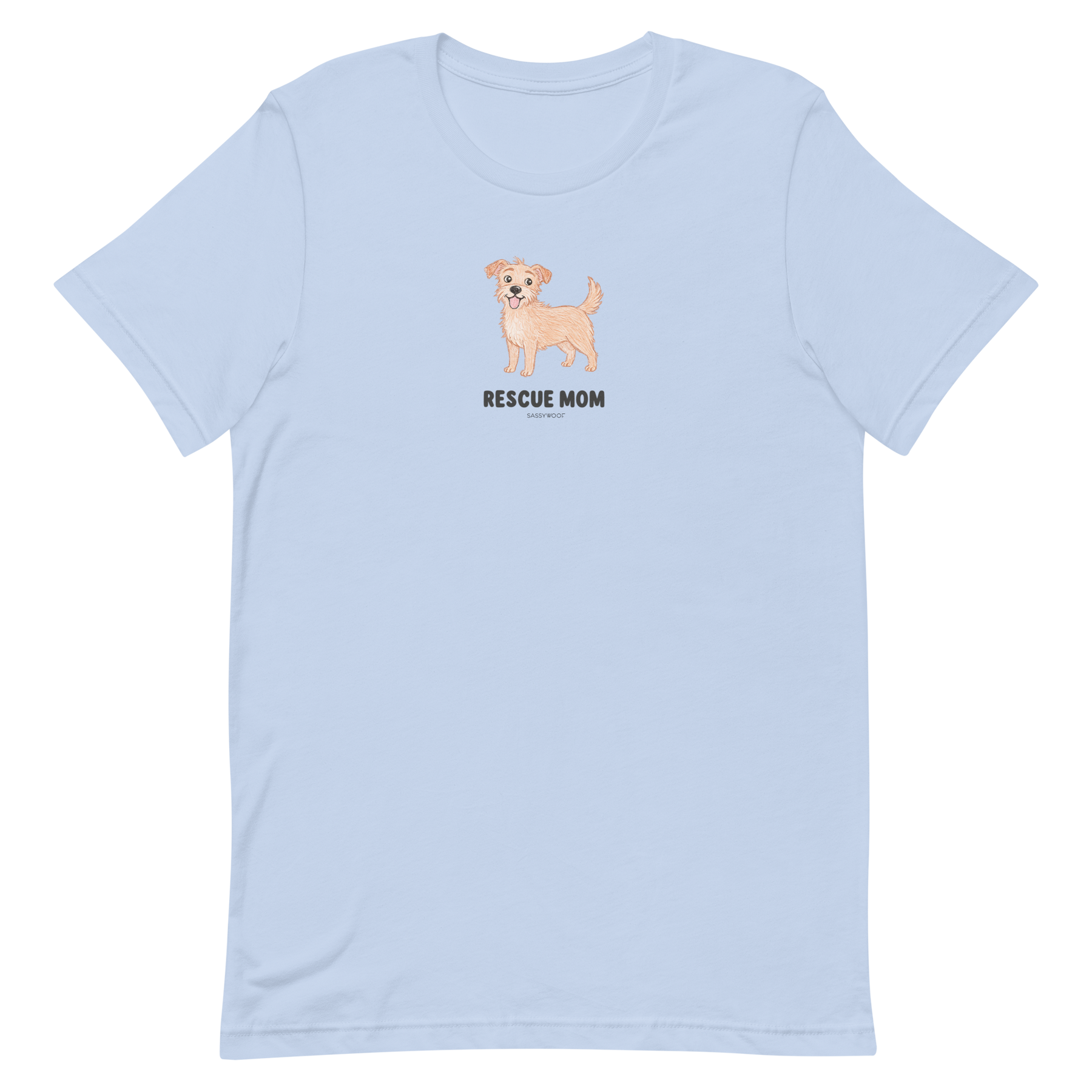 The Sassy Woof Rescue Mom Tee is a light blue unisex cotton shirt with a small tan dog illustration above "RESCUE MOM" in black, centered on the chest—ideal for any proud rescue mom's t-shirt collection.