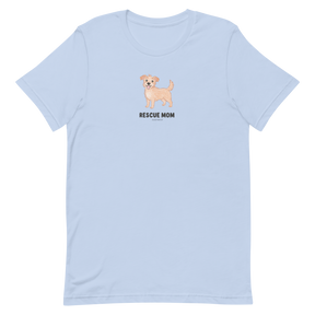The Sassy Woof Rescue Mom Tee is a light blue unisex cotton shirt with a small tan dog illustration above "RESCUE MOM" in black, centered on the chest—ideal for any proud rescue mom's t-shirt collection.