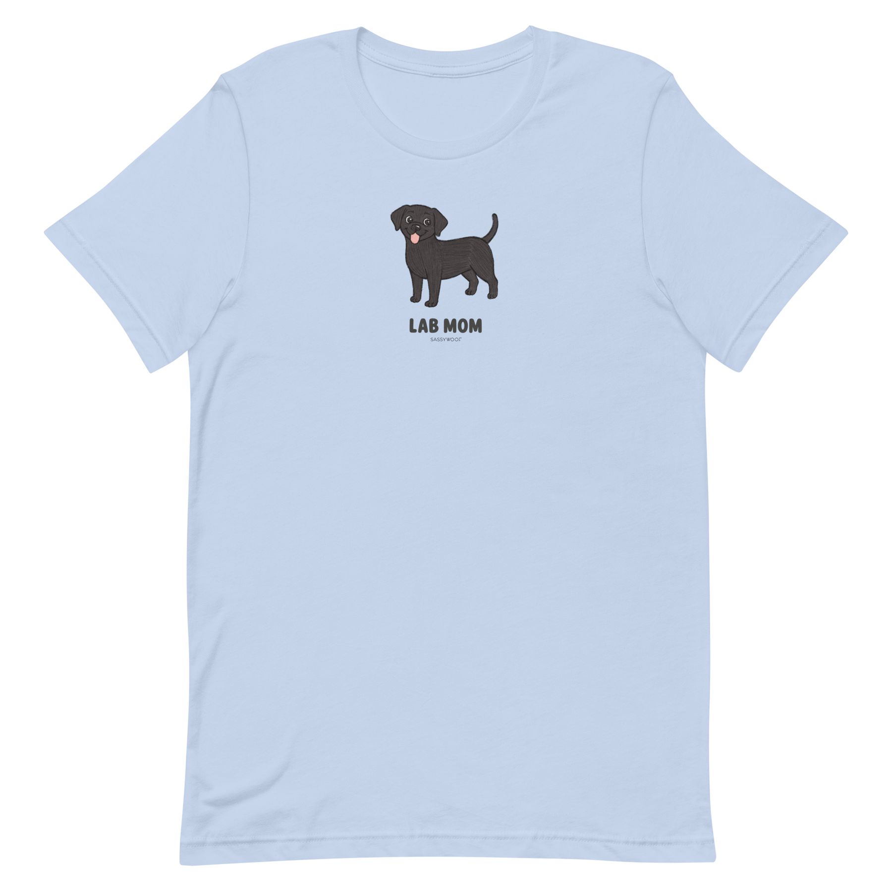 The Sassy Woof Lab Mom Tee is a light blue unisex shirt showcasing a cartoon black Labrador and “LAB MOM” text—perfect for proud Lab moms.