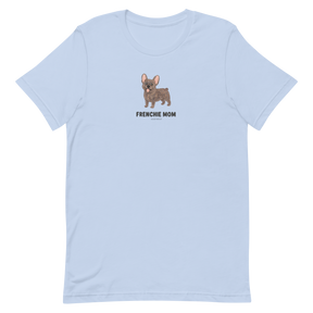 The Frenchie Mom Tee by Sassy Woof features a cartoon brown French Bulldog and “FRENCHIE MOM” in bold black text—an ideal light blue shirt for proud dog owners.