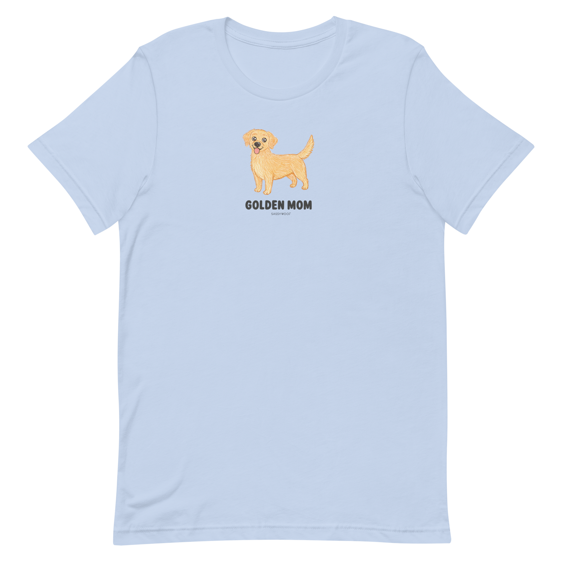 The Golden Mom Tee by Sassy Woof is a light blue unisex shirt featuring a cartoon golden retriever above bold text—perfect for any proud golden retriever dog mom.