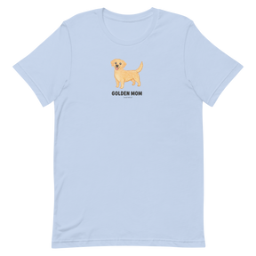 The Golden Mom Tee by Sassy Woof is a light blue unisex shirt featuring a cartoon golden retriever above bold text—perfect for any proud golden retriever dog mom.