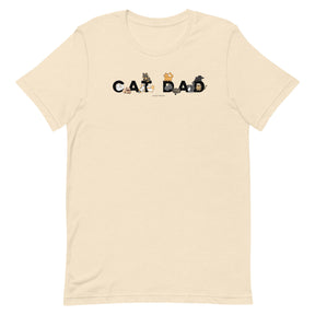 The Sassy Woof Cat Dad Tee is a beige unisex t-shirt made from 100% cotton, featuring “CAT DAD” on the chest with each letter creatively illustrated by playful cats in different poses—a comfortable and stylish choice for every cat lover.