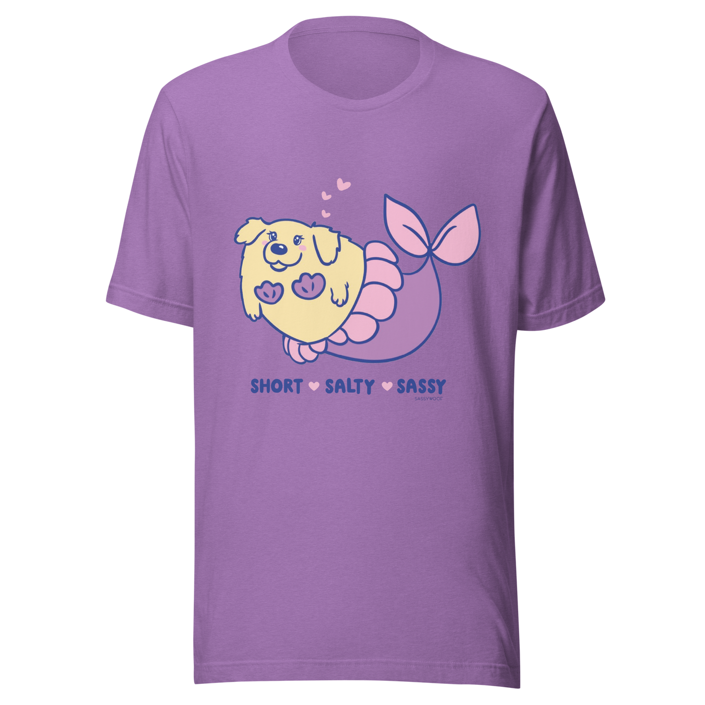 The Sassy Woof Human Tee - Mermaid Maya Tee is a unisex purple cotton shirt with a cute yellow dog as a pink-tailed mermaid, smiling under hearts, and “SHORT ♥ SALTY ♥ SASSY” in blue and pink—perfect for summer!.
