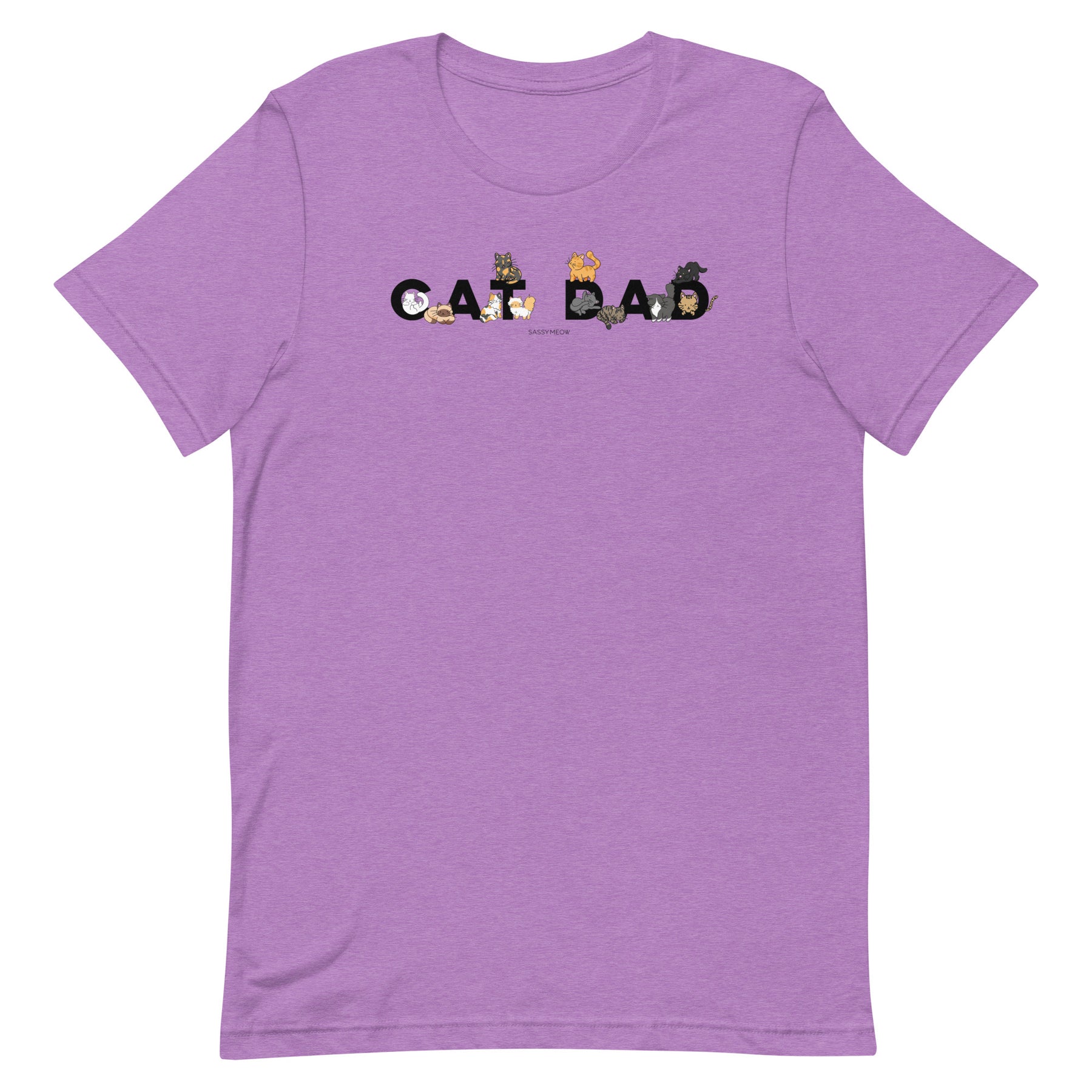 Introducing the Cat Dad Tee from Sassy Woof—a unisex purple t-shirt displaying “CAT DAD” with each letter playfully illustrated by different cats. Crafted from 100% ring-spun cotton, this shirt offers outstanding comfort and durability.